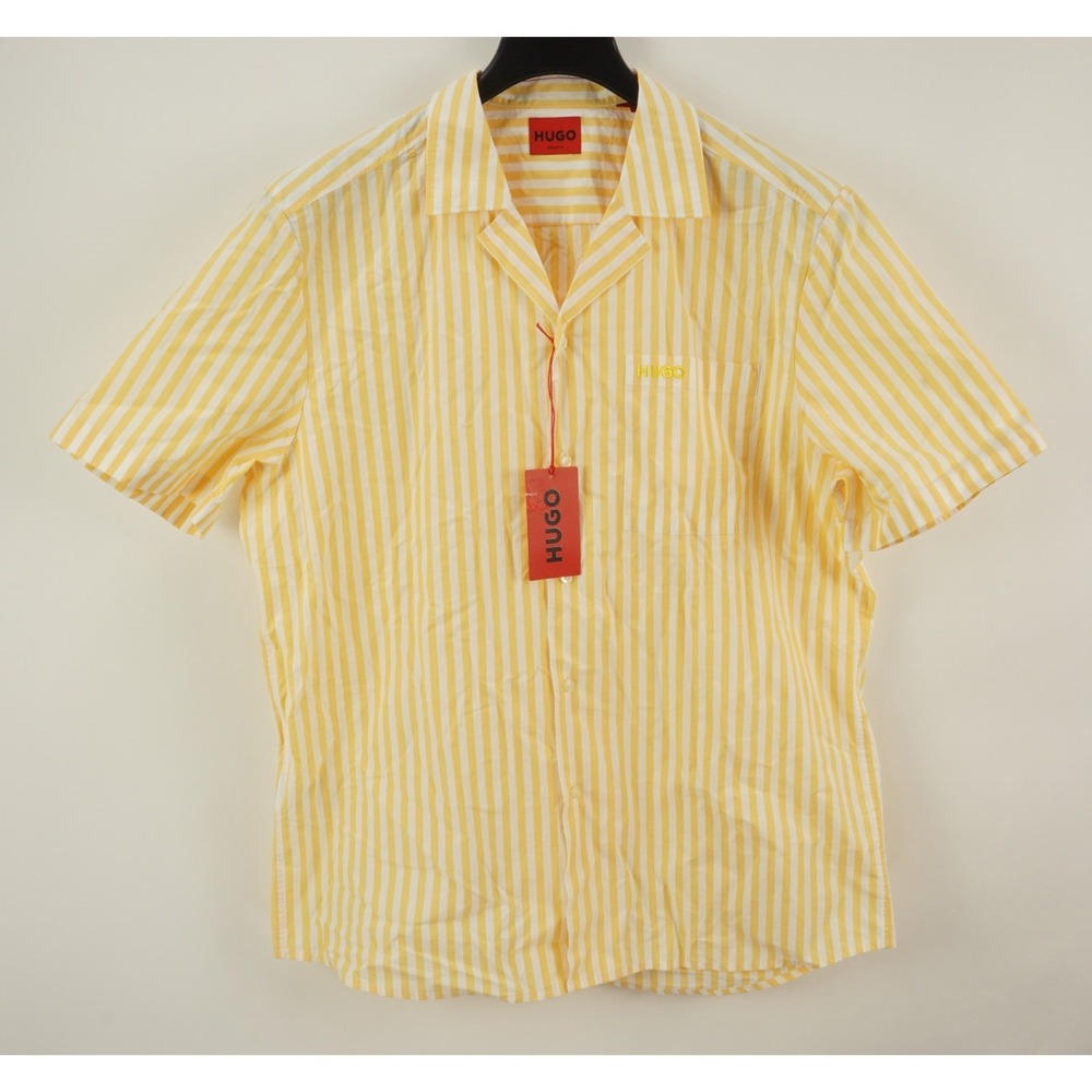 New Hugo Boss Ellino Mens 2XL Yellow Stripe Lightweight Poplin Cotton Camp Shirt